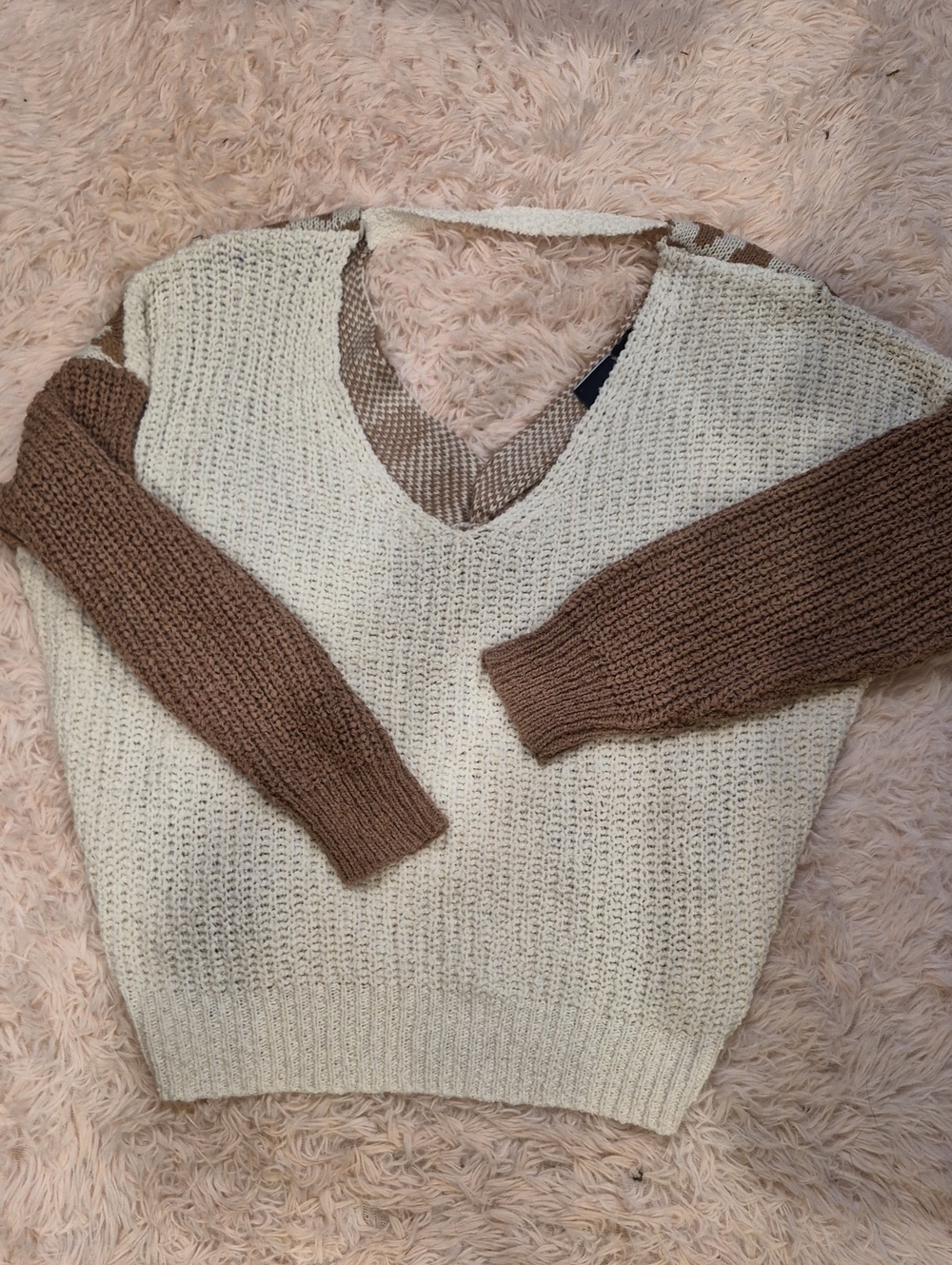 Daytrip Two-Tone V-Neck Sweater - Cream Body with Brown Sleeves